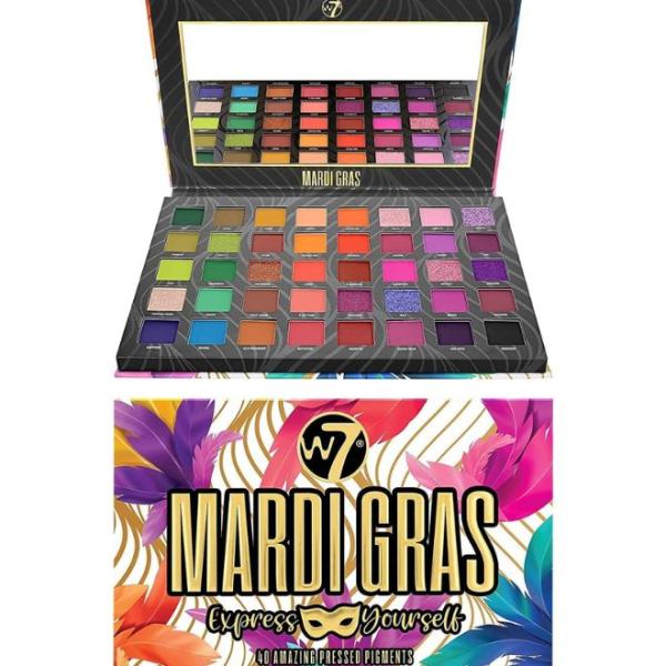 W7 Mardi Gras Pressed Pigment Palette - 40 High Impact Party Colours - Flawless Long-Lasting Bold Makeup